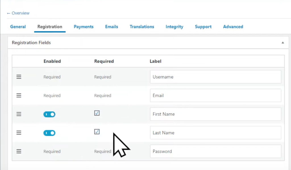 registration tab in learndash settings