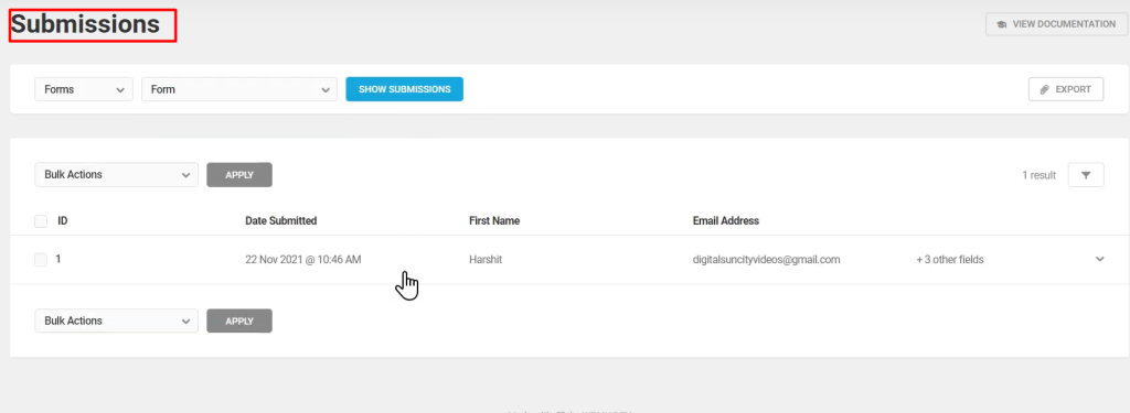 contact form submissions in wordpress