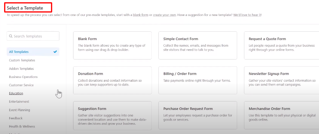 Choose template wp form