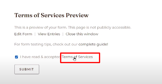 Terms of service preview WP Form